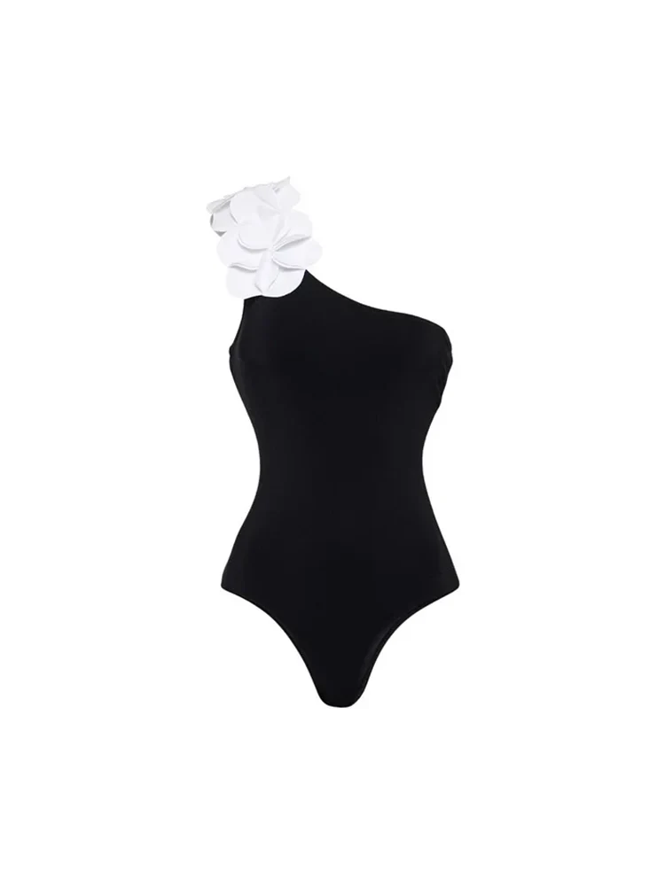 3D Floral One-Shoulder Black Swimsuit - Image 6