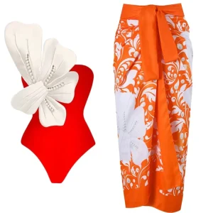 Orange Swimsuit Set Pearl Flower Detail