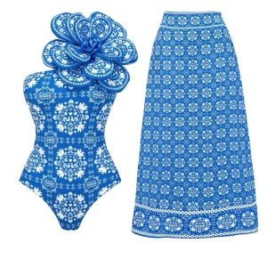 3D Floral Decor Ethnic Print Swimsuit
