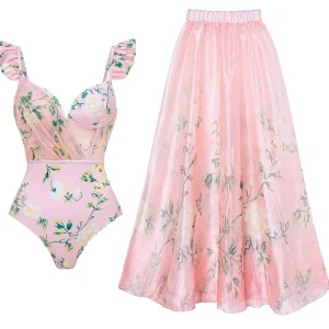 Pink Floral One-Piece with 3D Crystal Flowers