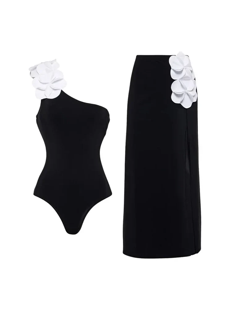 3D Floral One-Shoulder Black Swimsuit - Image 5