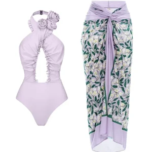 3D Floral Halter Backless Swimsuit Set
