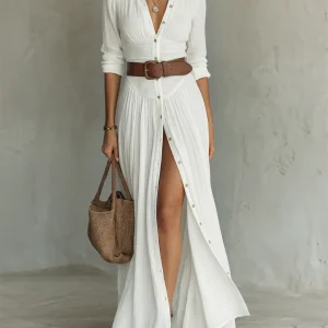 Linho - Vestido Maxi de Manga Longa