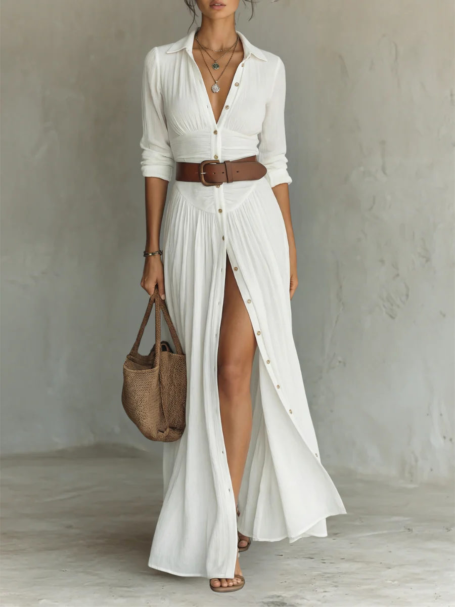 Linho - Vestido Maxi de Manga Longa
