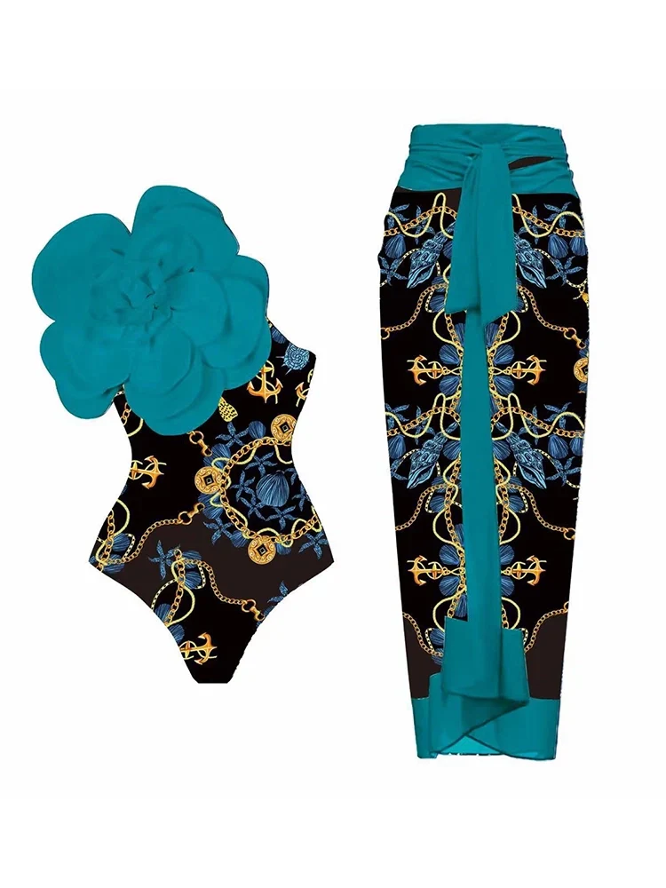3D Blue Floral Print One-Piece Swimsuit Set - Image 2