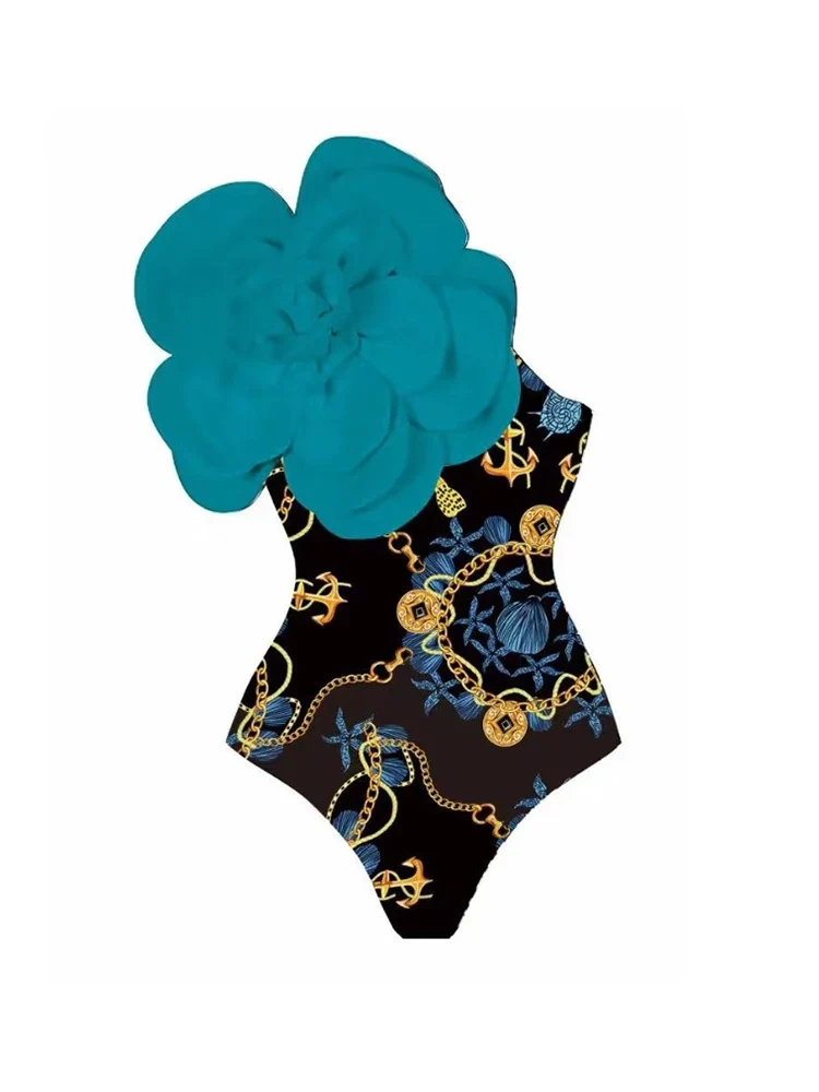 3D Blue Floral Print One-Piece Swimsuit Set - Image 3